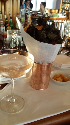 Champagne Cocktail and kale chips